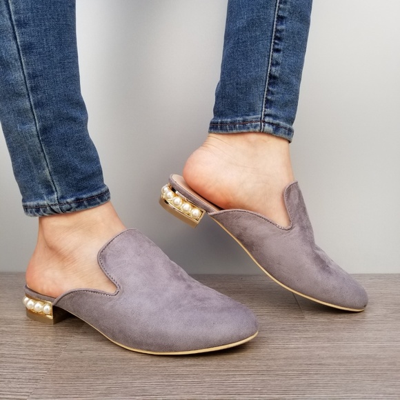 Suede Slip On Loafer Mule Pearl Accents on Heel-G - Picture 3 of 7